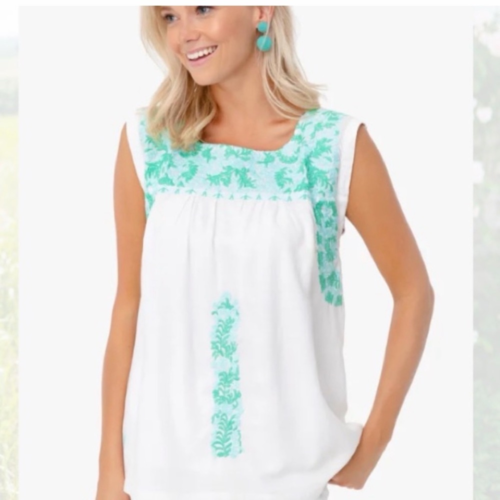 J.Marie White Sleeveless Embroidered Top with Mint Accents